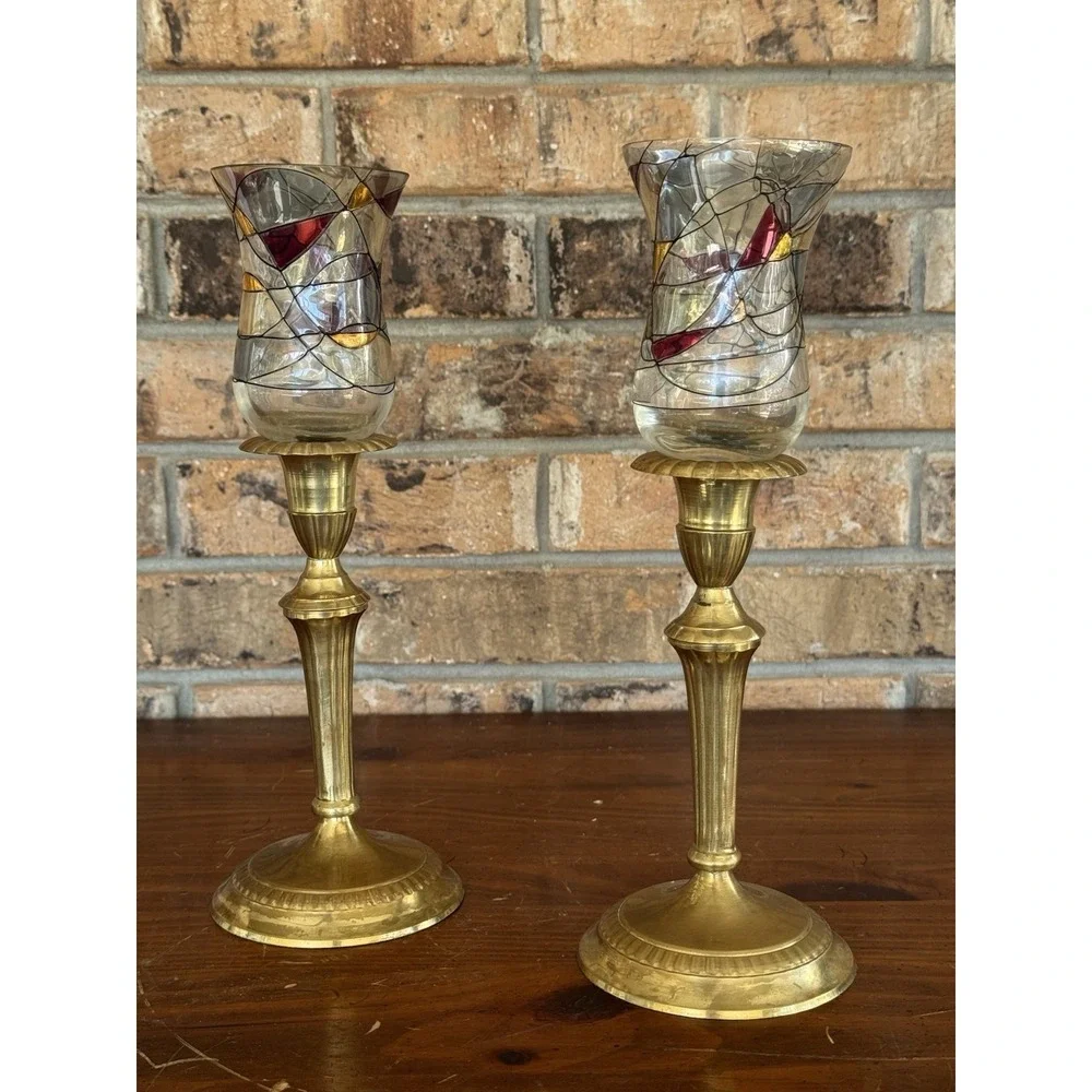Vintage Stained Glass Votive Cups Pair Amber Red Art Glass Mid Century Style